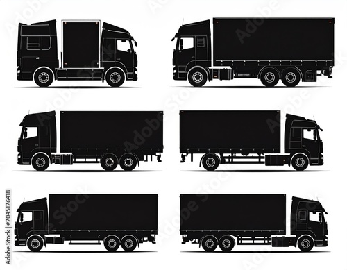 Six black trucks shown in profile, various configurations
