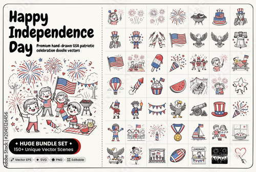 Independence Day icons, patriotic symbols, American flags, 4th of July illustrations, holiday bundle