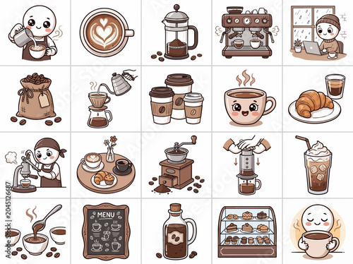 Cute coffee icons, brown cartoon stickers, coffee shop illustrations, vector set