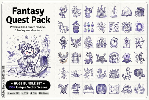 Fantasy Quest Pack, medieval icons, vector illustrations, fantasy elements, unique scenes