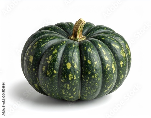 A round, dark green squash with yellow speckles and a stem