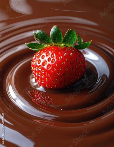 Juicy red berry suspended in a swirl of rich, dark chocolate