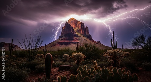 A dramatic night thunderstorm in a desert with a giant bright lightning bolt striking right behind a rocky mountain surrounded by cacti