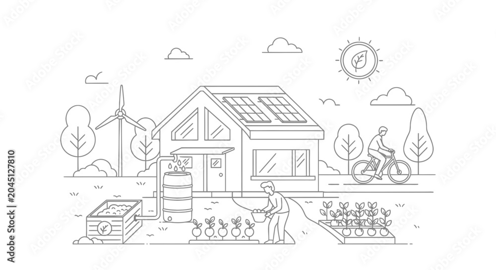 Fototapeta premium Eco-friendly house with solar panels, wind turbine, garden, and sustainable lifestyle