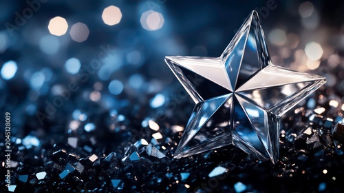 A single, clear, glass star with a 5 pointed design sits on a bed of black glittering sequins with blue bokeh lights in the background.