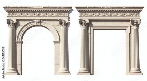 Classical stone archway and door frame with Corinthian columns. Ornate pediment with floral carvings. Ancient architectural elements for vintage design.