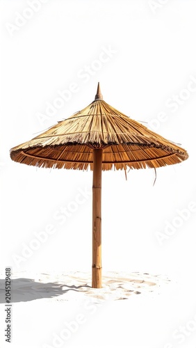 A rustic, thatched beach umbrella stands on a sandy surface