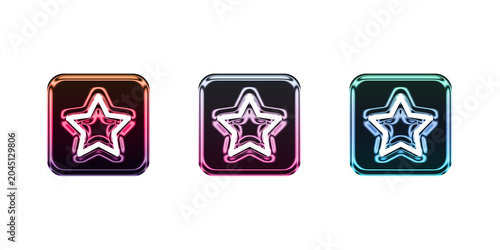 3d Neon star icons in colorful square frames isolated on transparent background