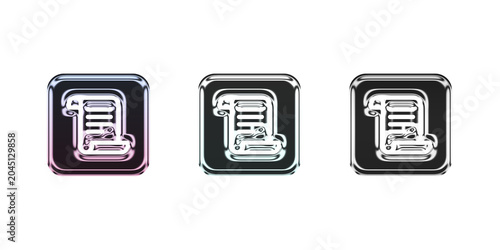 3d Shiny metallic icons with document design on black background isolated on transparent background