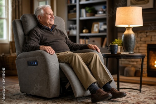 Elderly man sitting in power recliner chair smiling while relaxing in a cozy living room with a warm lamp and fireplace during a peaceful evening at home