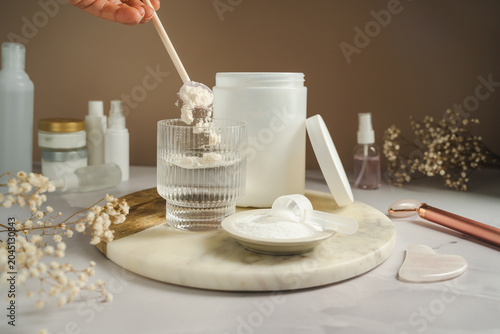 Collagen supplement preparation with beauty skincare and healthy aging concept
