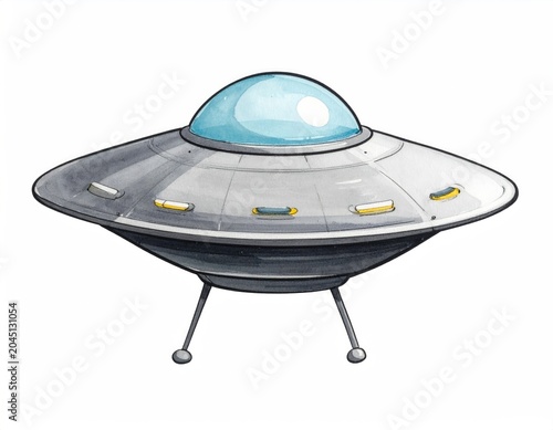 A silver flying saucer with a glass dome and three landing legs