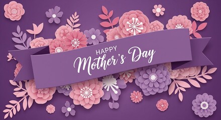 Happy Mother's Day banner with decorative paper cut flowers in pink and purple colors
