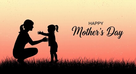 Happy Mother's Day banner with mother and child silhouettes embracing outdoors at sunset.