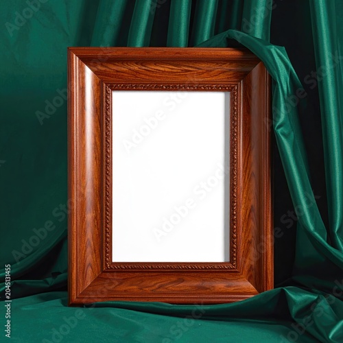 Empty wooden frame on luxurious green fabric