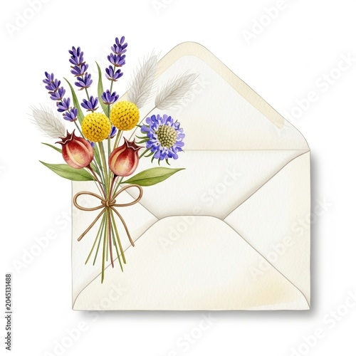 Dried Flower Bouquet Wrapped in an Elegant Envelope,Perfect for Sending Warm Wishes and Personal Messages in a Charming and Artistic Way,white backdrop