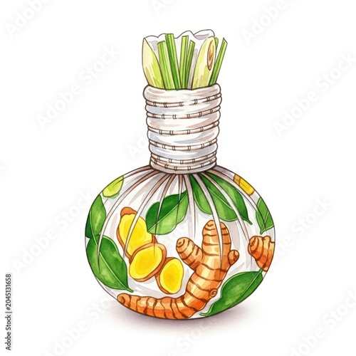 Herbal Compress Ball Filled with Natural Ingredients for Wellness and Relaxation,Featuring Lemongrass,Turmeric,and Green Leaves for Therapeutic Benefits,white backdrop