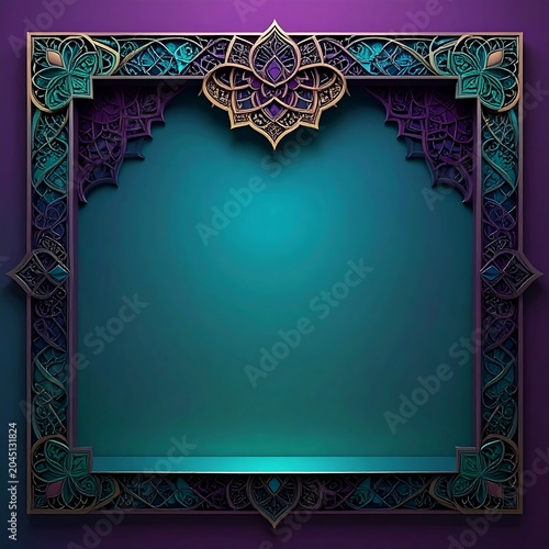 Ornate Teal and Purple Decorative Frame Surrounding Glowing Empty Center on Dark Gradient Background