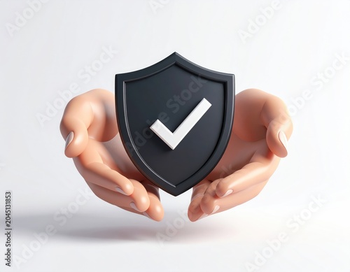 Hands cradle a dark shield with a white checkmark, symbolizing protection