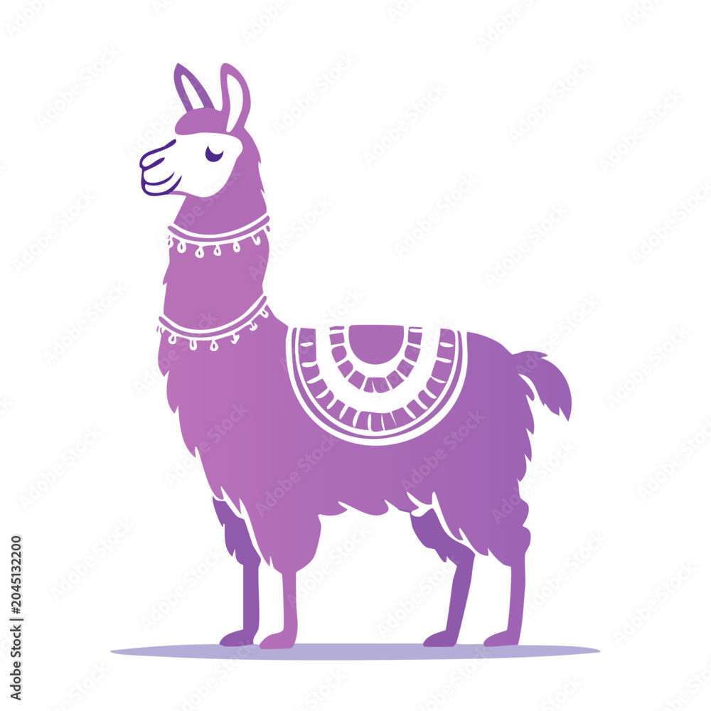 Fototapeta premium Cute purple llama illustration with decorative saddle