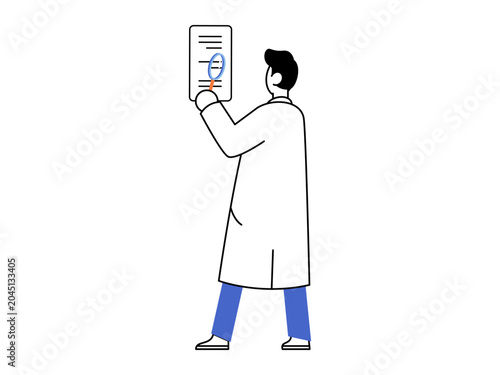 Scientist examining a document with a magnifying glass vector illustration. Medical research, clinical analysis, data inspection, lab work, diagnosis, study. Researcher inspecting a clipboard