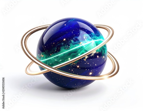Glowing planet with golden rings, a vibrant blue and green cosmic sphere