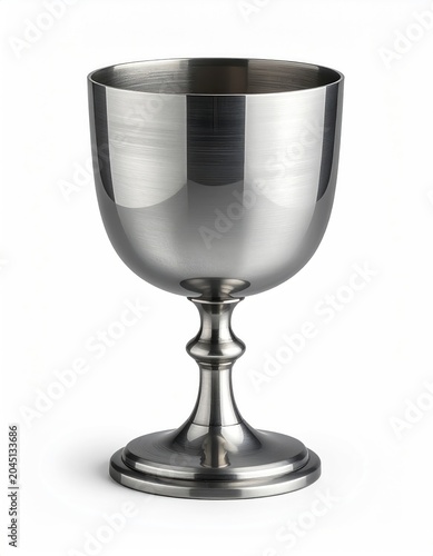 A polished, metallic goblet with a slender stem on a round base