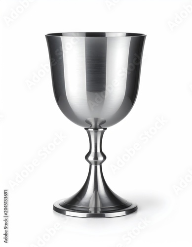 Gleaming silver goblet with ornate stem and flared base, studio shot