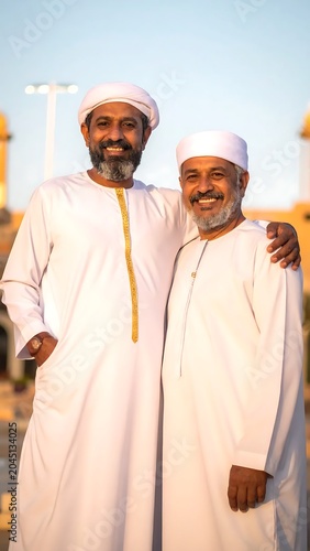 Smiling Middle Aged Men Standing Together in White Traditional Robes Outdoors