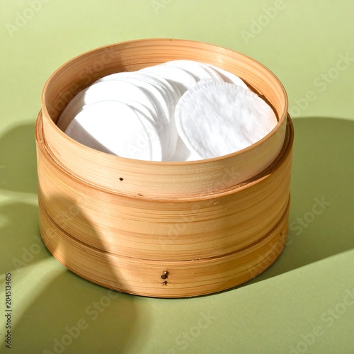 Round Bamboo Container Holding White Cotton Pads on Green Background