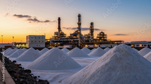 Large salt piles processed at industrial plant with refinery complex at sunset. White salt heaps ready for transport, chemical industry site. Manufacturing mineral resource for food and chemicals.