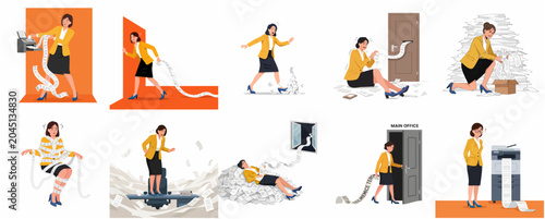 Canvastavla Set of stressed businesswoman characters overwhelmed by excessive paperwork and