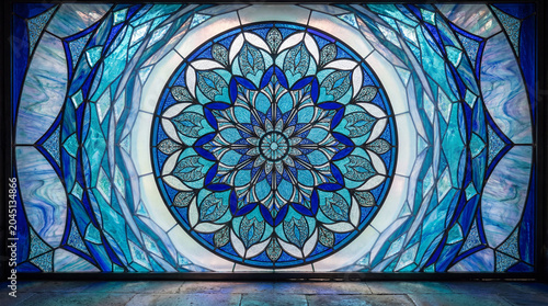 Blue stained glass mandala window with intricate geometric floral pattern and decorative mosaic design