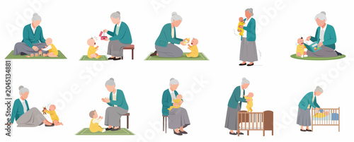 Foto Grandmother Caring for Baby Vector Illustration Set: Senior Woman Babysitting, P