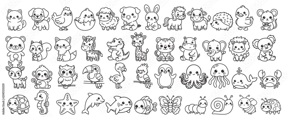 Obraz premium Cute Kawaii Animal Collection Coloring Page Outline Set with Cartoon Farm Wild and Ocean Characters
