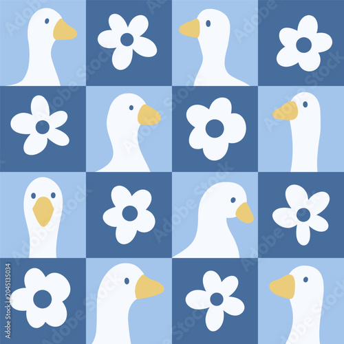 Cute Goose and Flower Checkerboard Seamless Vector Pattern in Blue