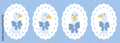 Cute Goose Portrait Collection in Lace Frames on Blue Background