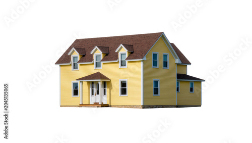 Quadro em tela Isolated classic bright yellow residential house with multiple dormer windows an