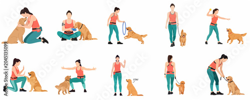 Tableau sur toile Set of woman training and playing with golden retriever dog, flat vector illustration of pet care and obedience training activities