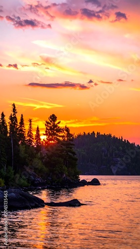 Vibrant Sunset Sky Glowing Above Pine Forest and Rocky Lake Shore