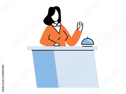 Receptionist waving at a front desk vector illustration. Hospitality, customer service, hotel check in, office reception, welcoming guest, professional assistance. Hotel clerk at counter