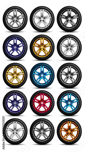 Colorful Alloy Car Wheels Arranged in Grid on Light Gray Background