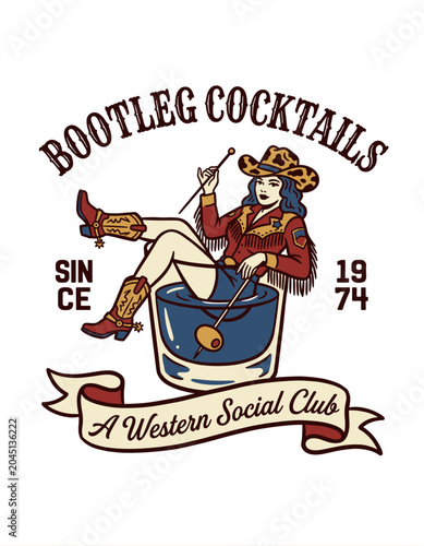 Vintage western social club logo featuring a cowgirl sitting in a martini cocktail glass wearing cowboy boots and a leopard hat, bootleg cocktails text illustration on white background.