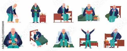 Obraz na płótnie Flat illustration set of an elderly man suffering from flu and cold symptoms, taking medicine, resting in bed, and recovering from illness