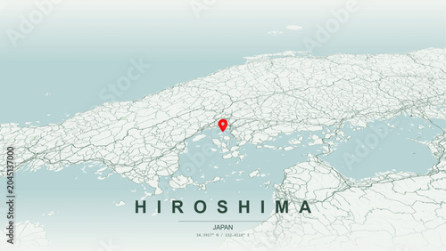 Modern minimalist vector map of Hiroshima, Japan. High-quality scalable illustration of Hiroshima city grid, Kamiya-cho commercial axis, and Seto Inland Sea highway networks for posters design. 