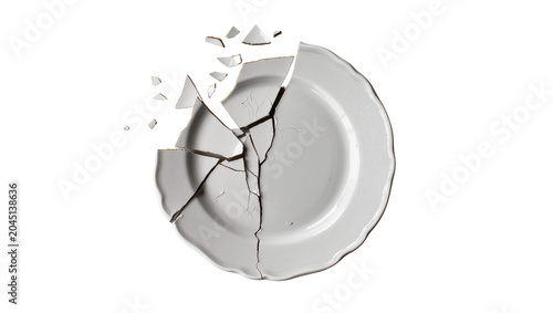Bild auf Leinwand Isolated broken white ceramic plate, fractured pieces scattering, concept of dam