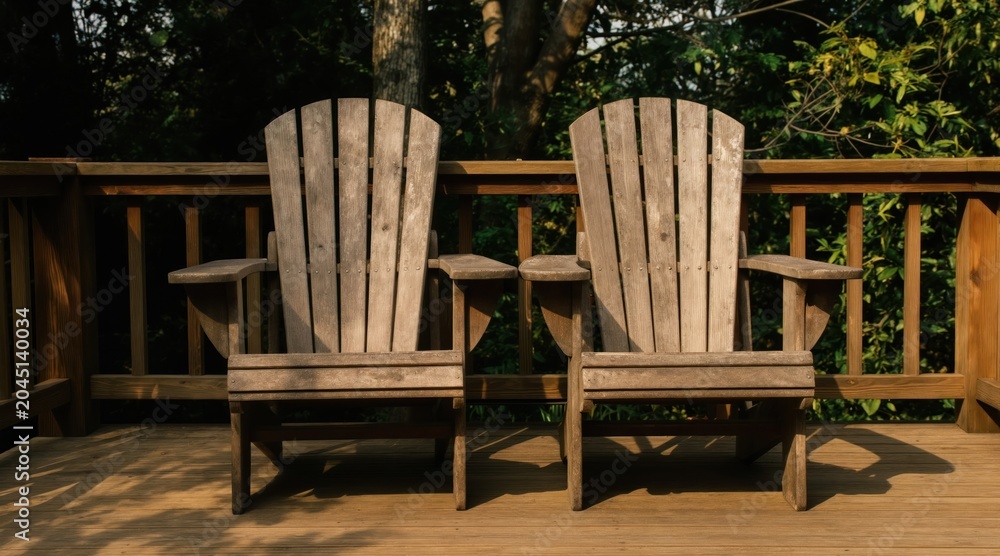 Obraz premium Two weathered wooden Adirondack chairs sit on a sun-drenched deck surrounded by lush green foliage. The empty seats invite relaxation and contemplation in an outdoor setting.