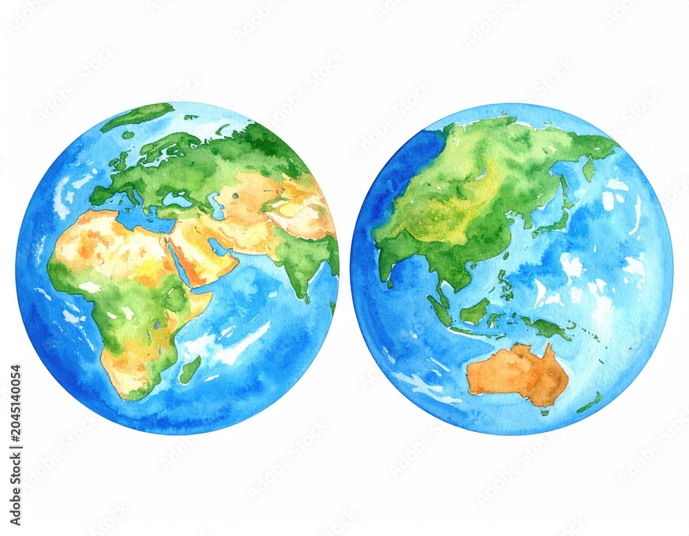 Fototapeta premium Watercolor globes show continents Africa, Europe, Asia, Australia, oceans