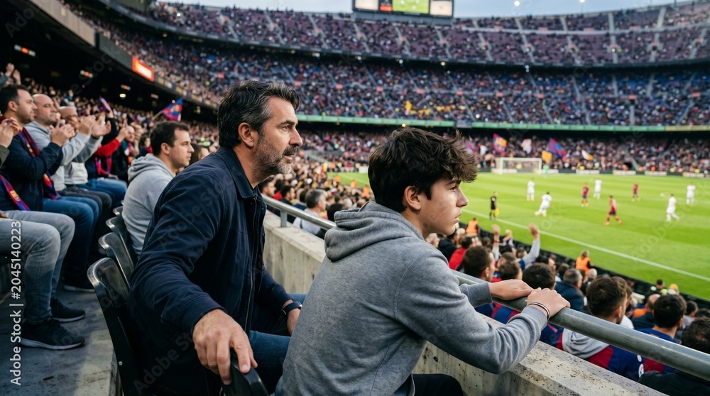 Fototapeta premium Father and son watching a football match in a crowded stadium enjoying the game together