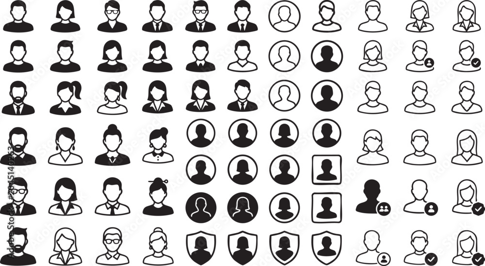 Obraz premium Minimalist silhouette human profile avatar solid icon set, flat vector illustration bundle of generic user placeholder signs for UI/UX interface design.